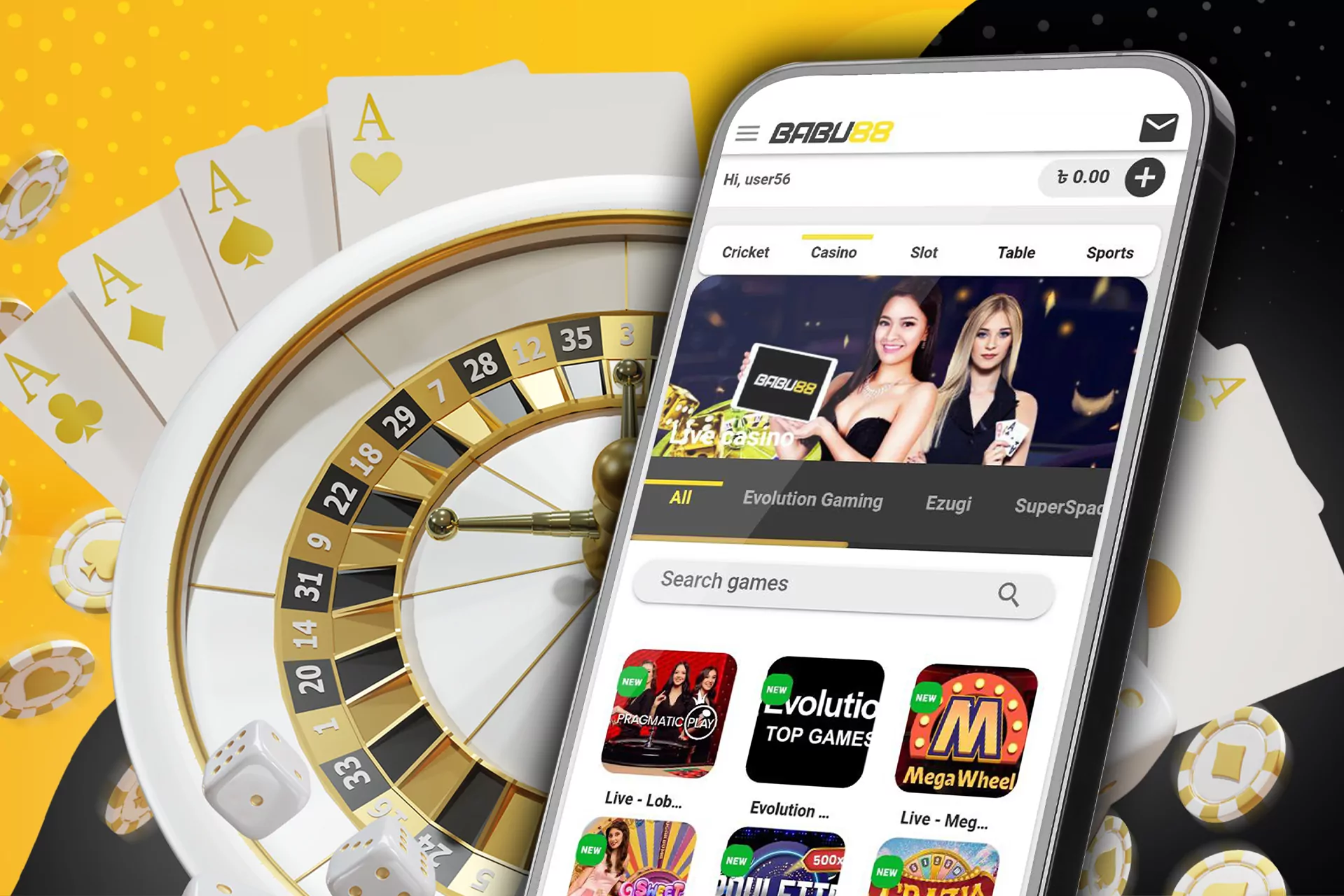 The casino section is also presented in the Babu88 app.