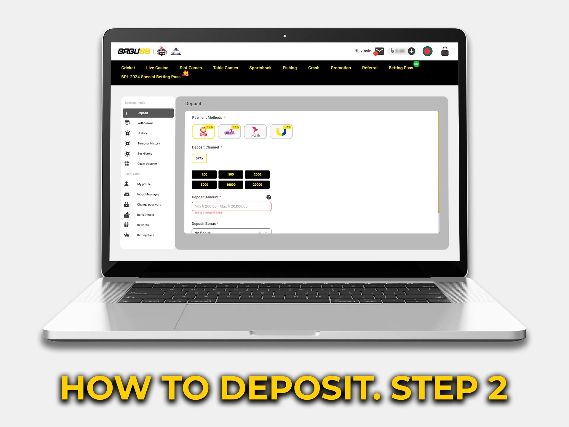 Open the deposit page where you can start the deposit procedure.
