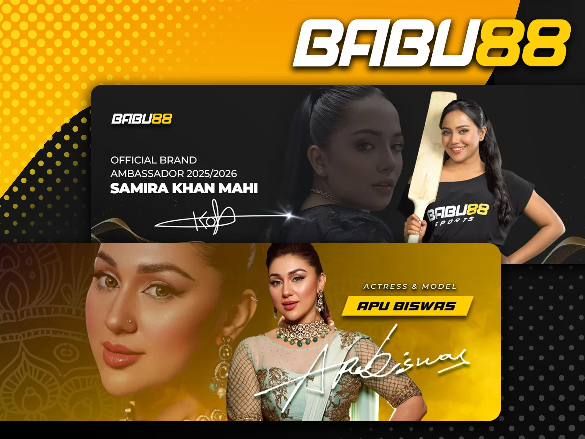 Discover exclusive Babu88 promos and bonuses by following our brand ambassadors Apu Biswas and Samira Khan Mahi on social media.